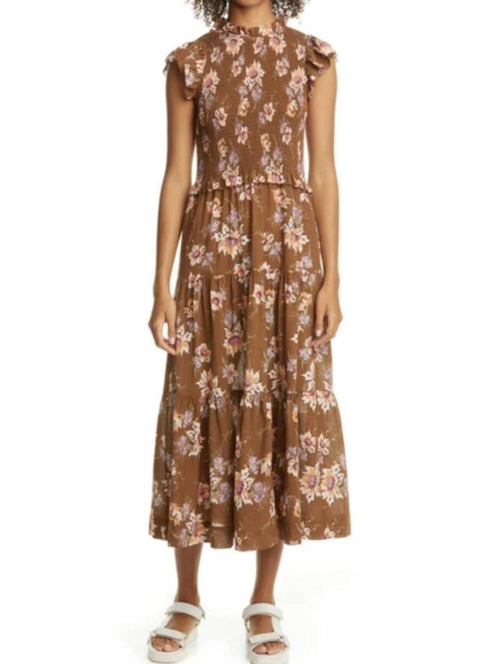 Sea NY Sylvie Shirred Ruffle Floral Print Cotton-Voile Midi Dress in Brown